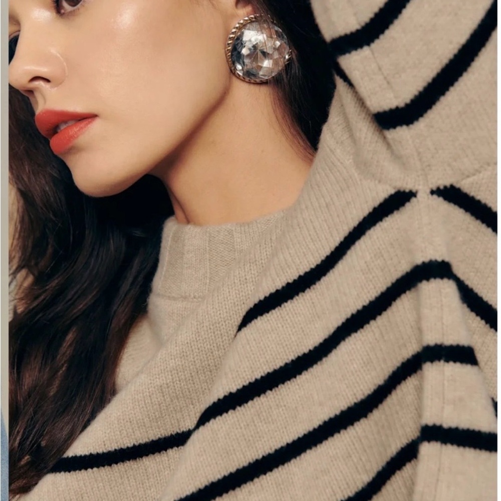 Reformation Beige Striped Cropped Merino Wool Sweater - Picture 2 of 9